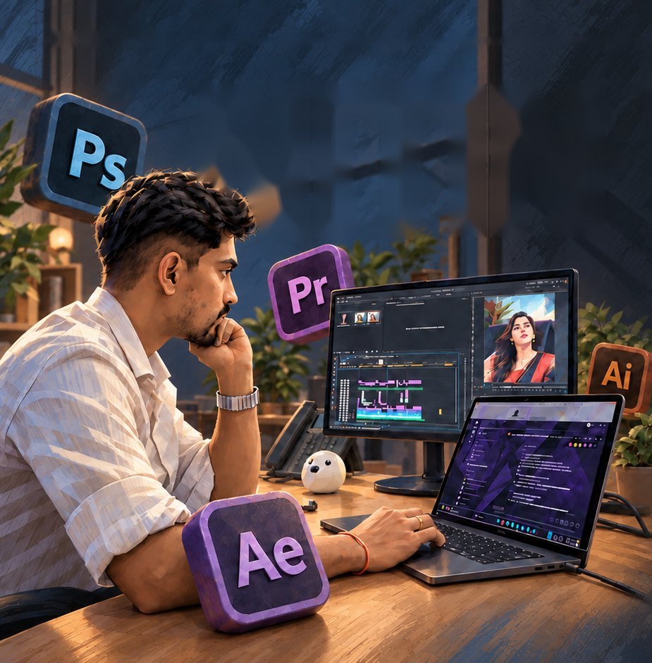 Anime-style illustration of Nitin Wagh editing video at his desk